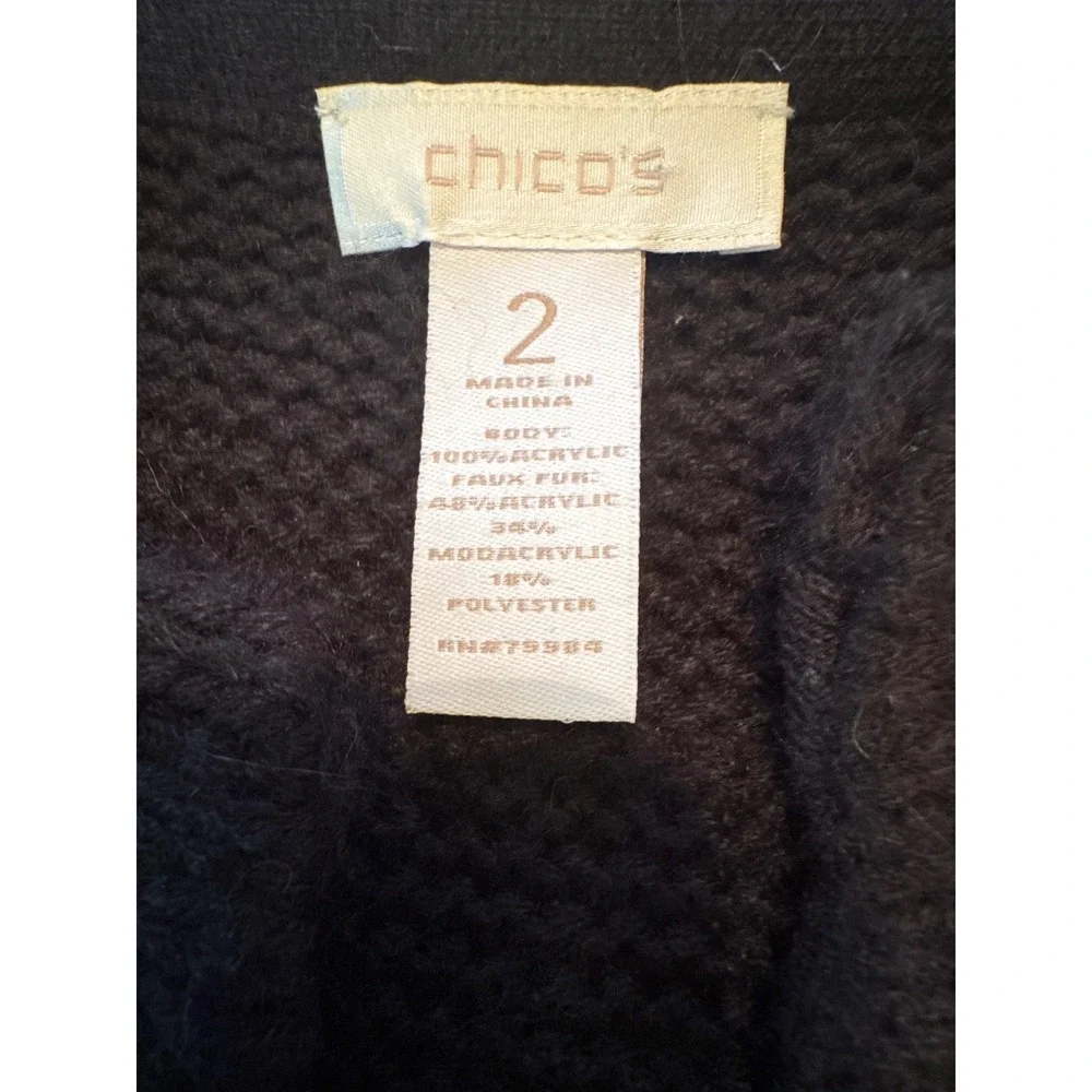 Chico's Faux Fur Vest Womens 2 Black Leopard‎ Print Excellent Knit Open Front